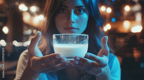Young caucasian female holding glass of milk in dimly lit ambiance