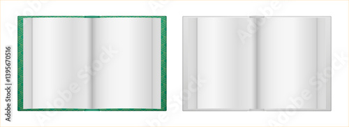 Mockup of an open book. Hardcover. Book layout. Page spread top view. Realistic open book