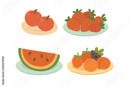 Cute vector illustrations of watermelon, strawberries, apples, apricots and grapes on plates.