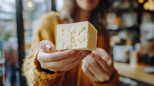 Woman holding block of cheese in cozy café with rustic interior