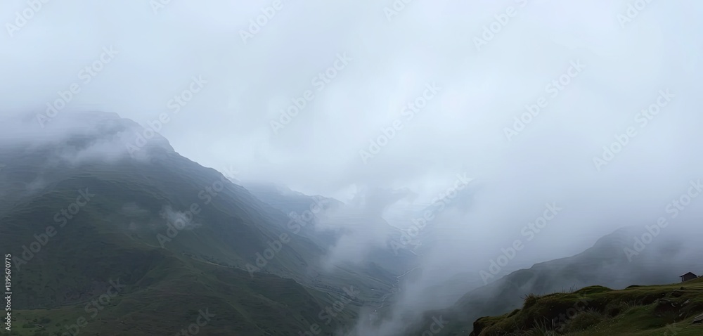 Fototapeta premium Misty Mountain Landscape with Fog Enveloping Peaks