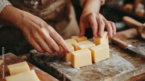 Hands cutting cheese on wooden board in rustic kitchen setting