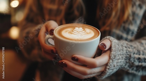 Female holding latte with foam art in cozy sweater in cafe