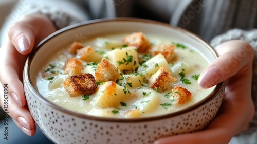 Creamy potato soup with croutons and parsley in cozy bowl