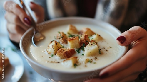 Cozy hands holding creamy soup bowl with croutons for warm comfort meal