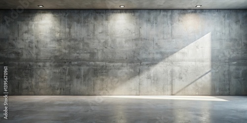 Empty industrial space with concrete wall and floor, illuminated by sunlight and ceiling lights