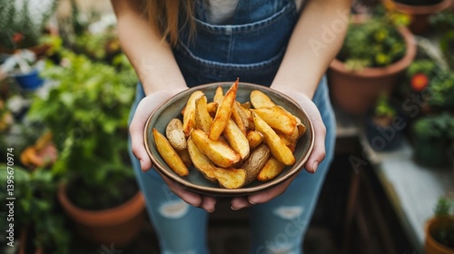Young caucasian female holding plate of crispy potato wedges in garden setting