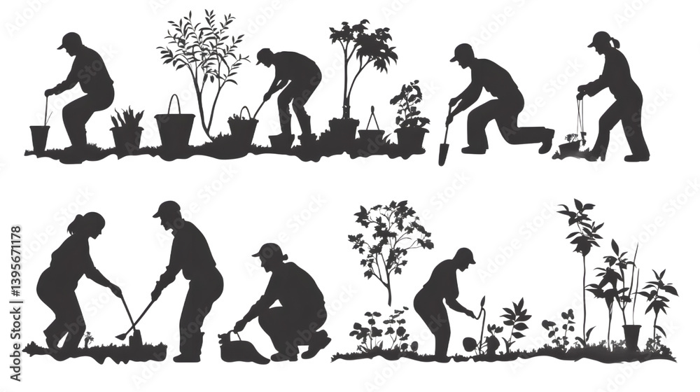 Silhouetted gardeners, diverse in gender and activity, nurturing plants in a lush garden setting.
