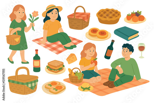 Cute picnic scene with food, drinks, people, baskets, blanket, desserts, flowers and book. Vector clipart.