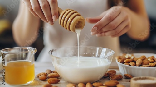 Woman pouring honey into yogurt with almonds for healthy breakfast