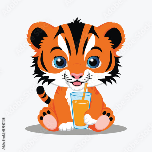 A cute, cartoon tiger cub with blue eyes is sitting and drinking orange juice from a glass with a straw.