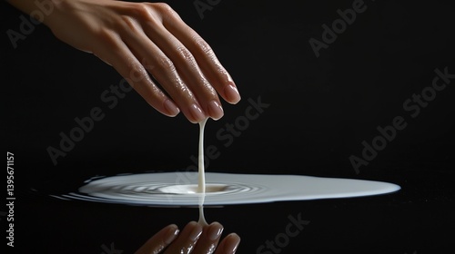 Caucasian female hand touching milk surface on black background