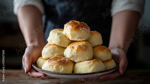 Freshly baked bread rolls held by caucasian female adult