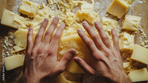 Close-up of hands grating and handling cheese