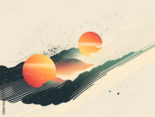 Abstract celestial landscape with vibrant suns and atmospheric clouds.
