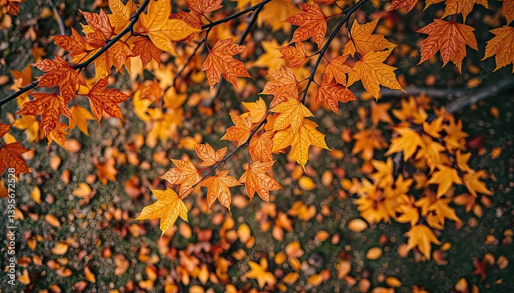 Overhead View of Orange and Red Spotted Maple Leaves on the Ground in Autumn Overhead View of Orange and Red Spotted Maple Leaves on the Ground in Autumn