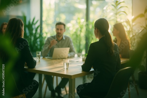 Obraz na płótnie Business team having a meeting in a bright modern office, discussing a project with a manager using a laptop, surrounded by plants and natural light w salonie