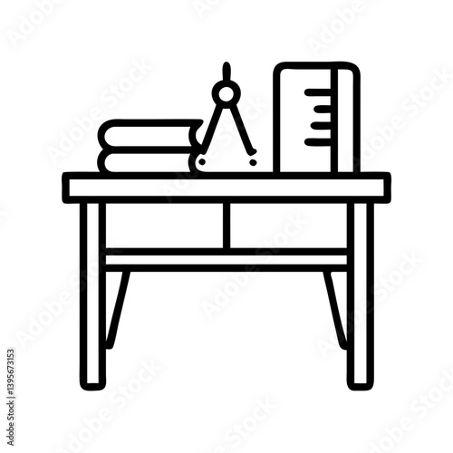 Illustration of desk with books, divider and ruler for study and work icon use