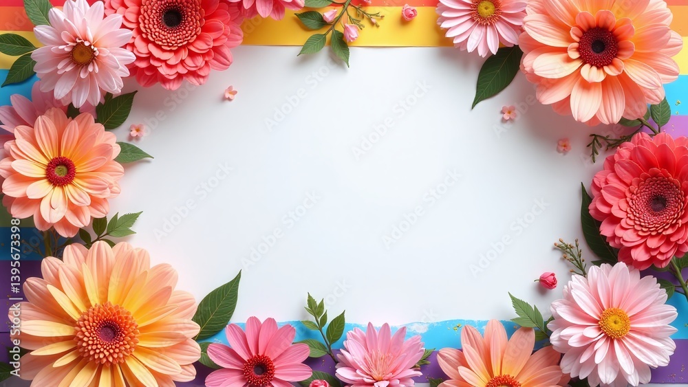 Fototapeta premium LGBTQ+ pride poster layout with blooms. Rainbow stripe backdrop. Editable message area. Joyful diversity celebration scene.