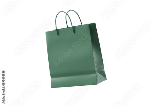 A floating paper shopping bag with handles, horizontally aligned, on a solid white background
