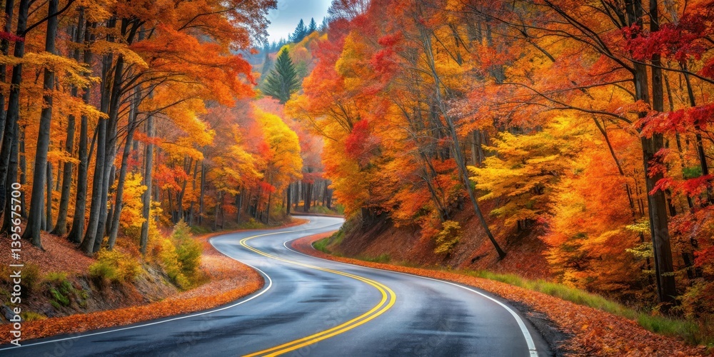 Naklejka premium Autumnal Road Winding Through a Vibrant Forest Canopy