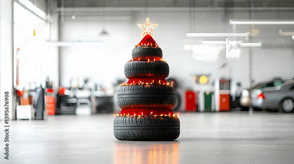 Fototapeta premium Recycled Tire Christmas Tree In Garage