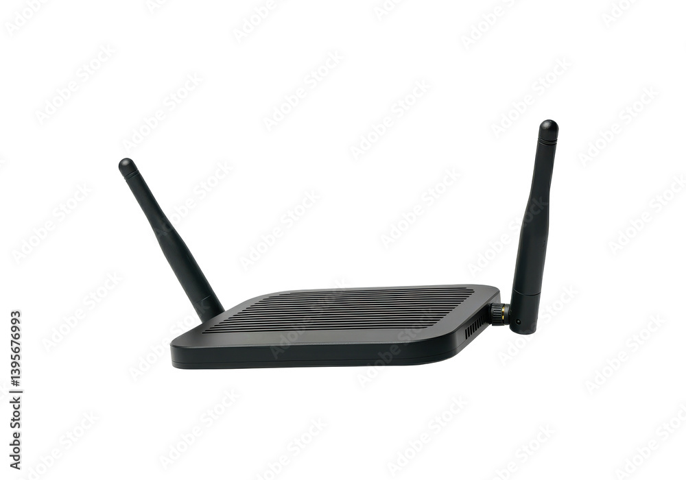 Fototapeta premium A floating WiFi router with antennas, horizontally aligned, on a solid white background