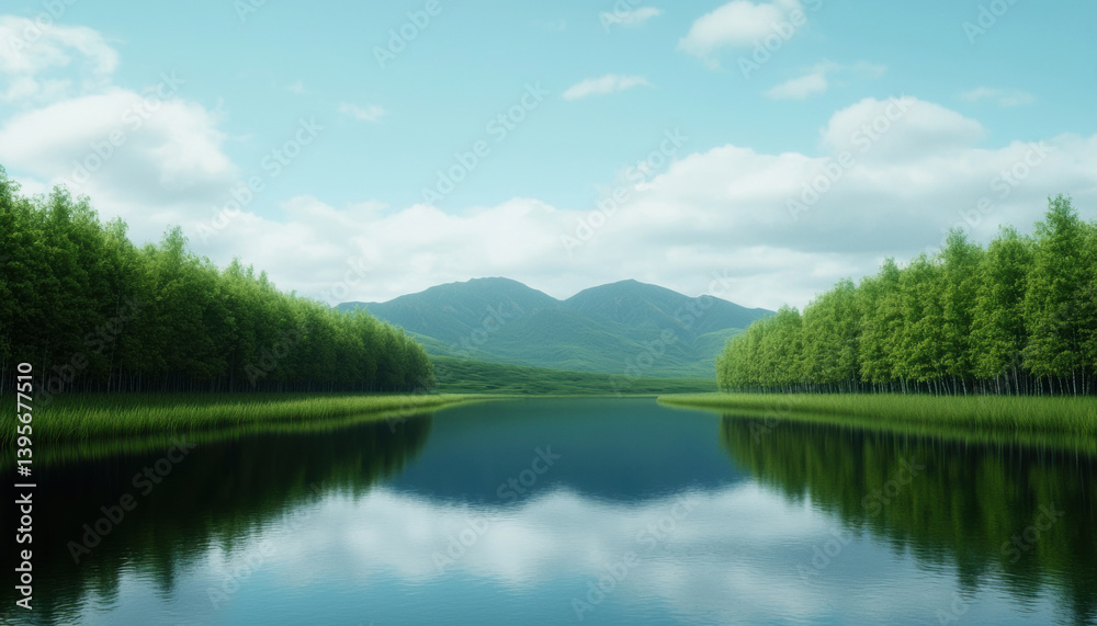 serene landscape featuring calm lake surrounded by lush greenery and distant mountains under clear blue sky, evoking tranquility and peace serene landscape featuring calm lake surrounded by lush greenery and distant mountains under clear blue sky, evoking tranquility and peace