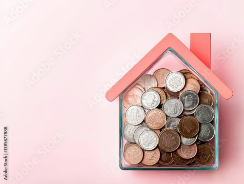 A glass house-shaped container filled with assorted coins on a soft pink background, symbolizing savings and financial security.