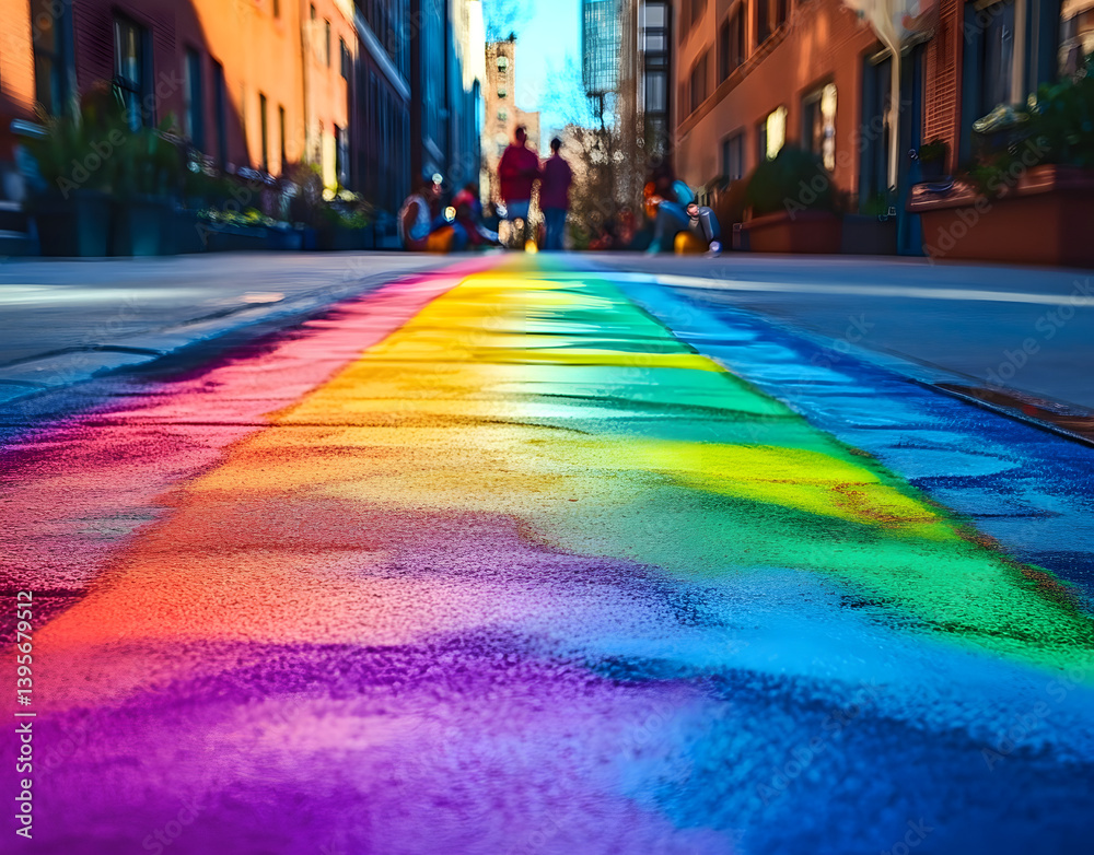 Obraz premium Chalk artists create a stunning rainbow pathway in a colorful urban setting, celebrating diversity.