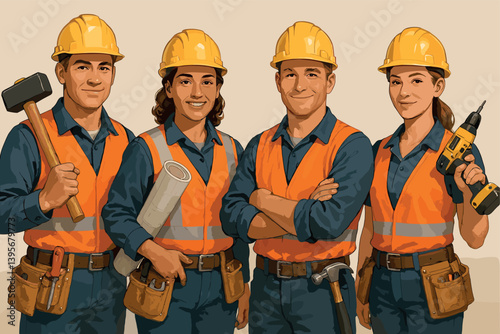 Team of construction workers with tools and equipment for building projects
