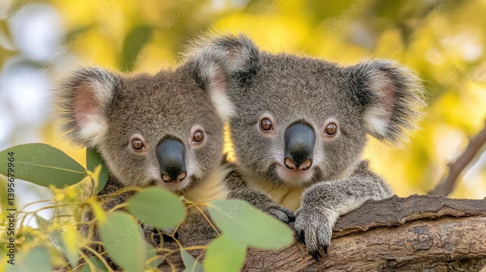 Fototapeta premium Two adorable koala joeys on a tree branch