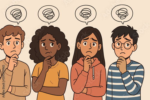 Diverse group of worried young people with thought bubbles expressing anxiety and contemplation