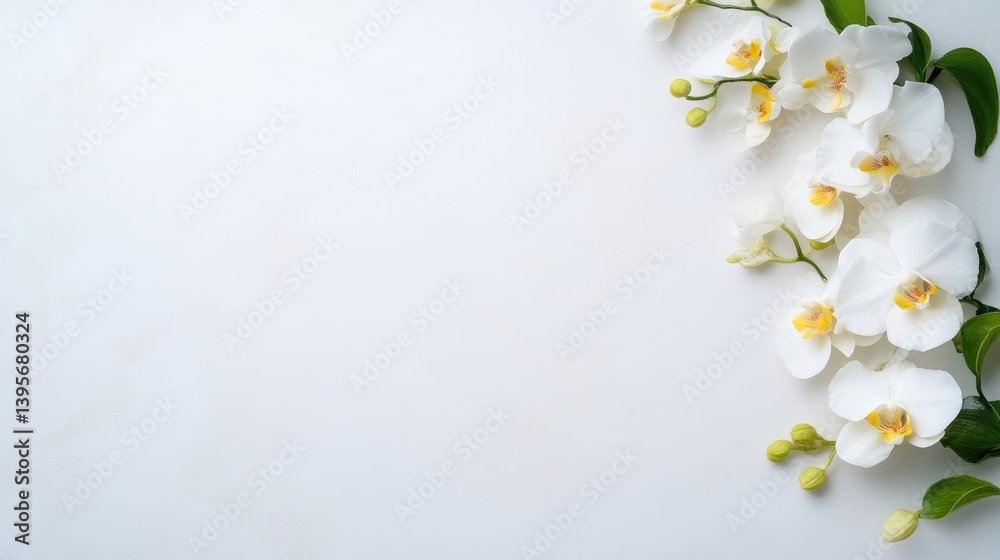 Fototapeta premium Delicate white orchids arranged in a row on a pristine white background, showcasing elegance and simplicity, and perfect for floral design inspiration.