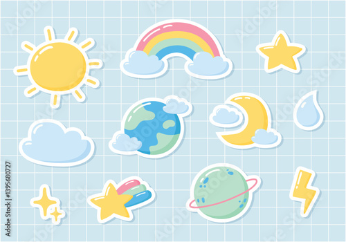 Cute weather stickers on blue background. Cartoon sun, rainbow, cloud, star, water drop, moon, planet, planet Earth, lightning, shooting star. Vector illustration