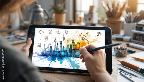 Creative individual drawing digital illustrations on a tablet with colorful urban skyline for artistic expression concept  