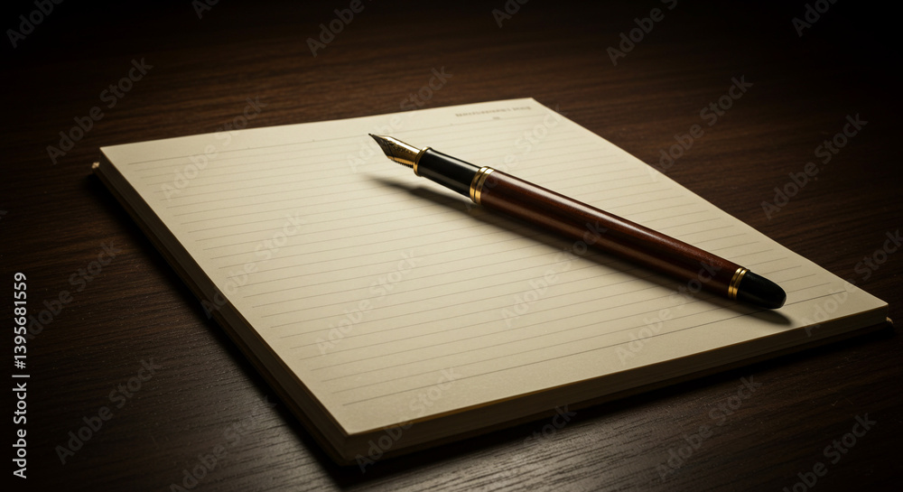 Elegant fountain pen resting on blank notepad in dim light Elegant fountain pen resting on blank notepad in dim light
