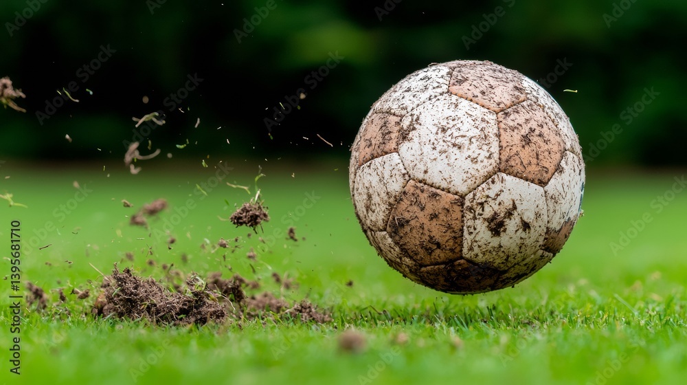 Fototapeta premium Muddy Soccer Ball Kicked off the Ground in Motion on Green Grass