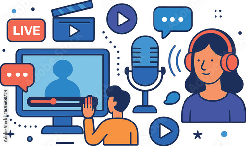 Podcasting and live streaming concept with microphone and multimedia icons