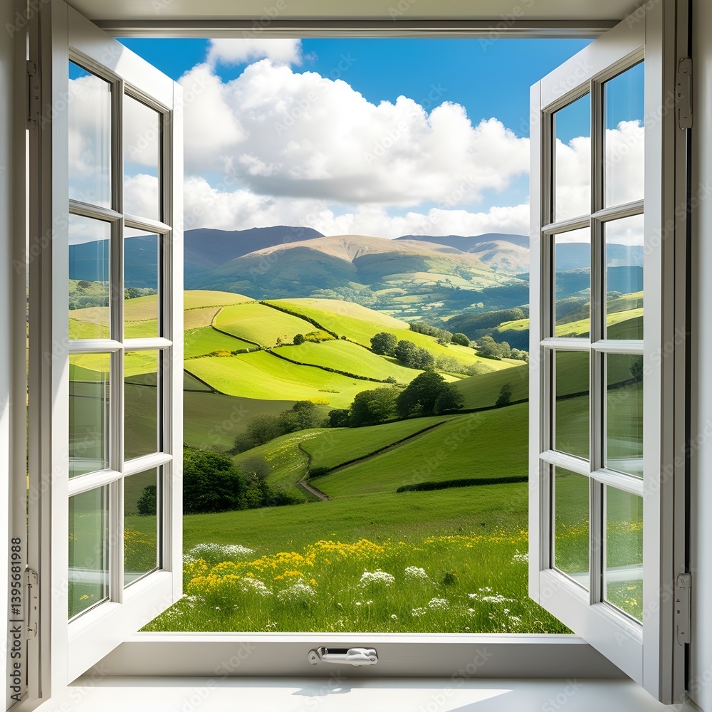 Fototapeta premium A picturesque countryside view through an open window, with green fields and mountains in the background.