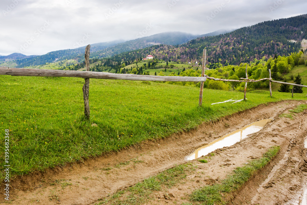 countryside mountain landscape in spring. green nature with cloudy sky. beautiful view with fence along the path through hill in the rain for tourism. rural outdoor adventure