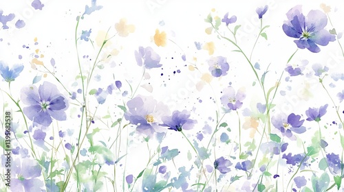 Delicate watercolor flowers, soft purple petals, scattered floral pattern, botanical illustration, green stems and leaves, white background, and airy composition.