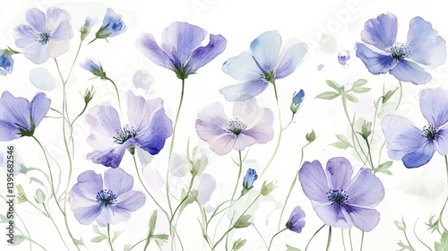 Delicate watercolor flowers, soft purple petals, scattered floral pattern, botanical illustration, green stems and leaves, white background, and airy composition.