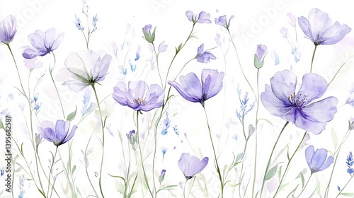 Delicate watercolor flowers, soft purple petals, scattered floral pattern, botanical illustration, green stems and leaves, white background, and airy composition.