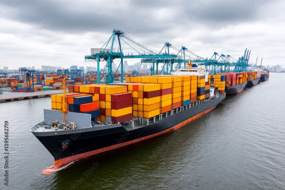 Fototapeta premium Global Cargo Shipping and Transportation - Large container ships at a busy port, showcasing international trade and logistics. Efficient cargo handling and global connectivity