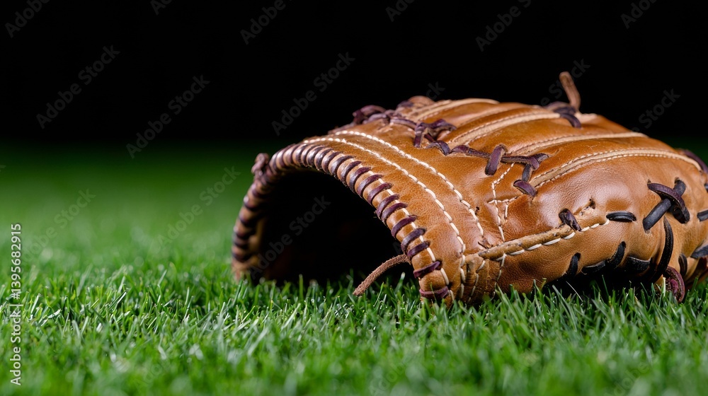 Professional Baseball Glove Resting on Green Grass with Black Background Professional Baseball Glove Resting on Green Grass with Black Background