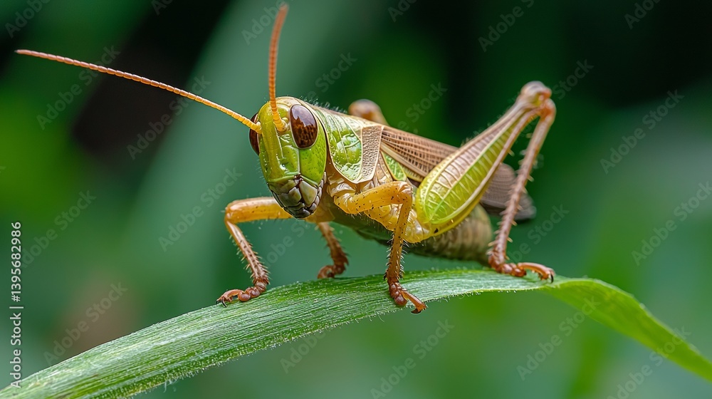 Fototapeta premium Close up of a vibrant grasshopper perched on a green blade of grass.