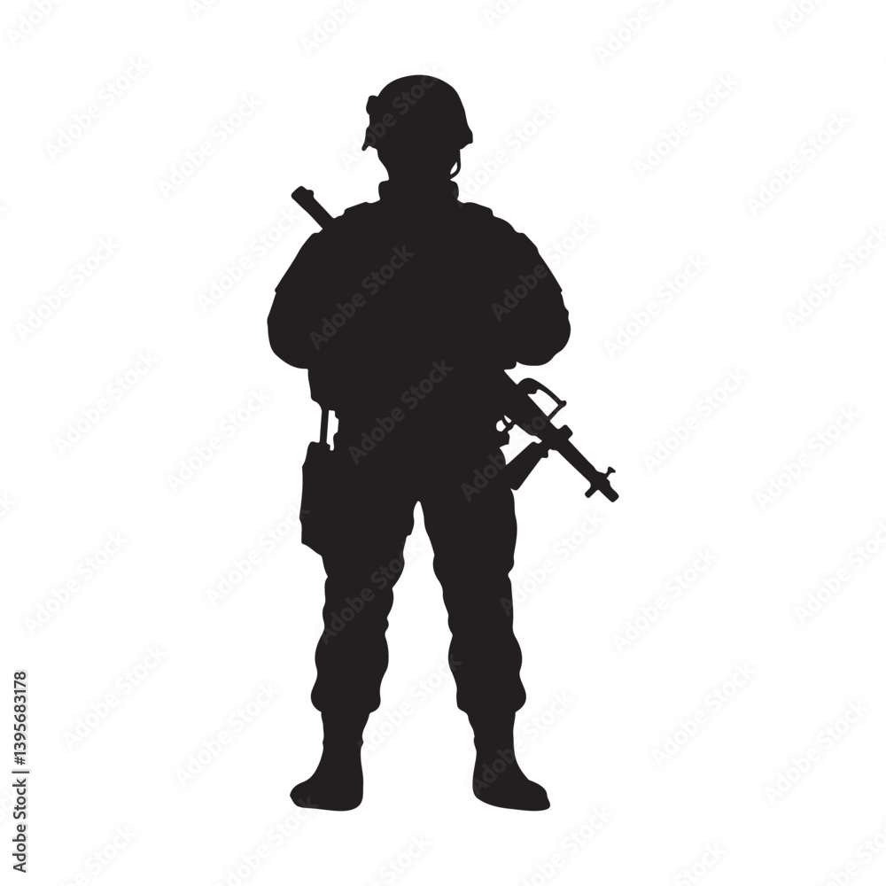 Silhouette of Soldier with Rifle, Military Stance Illustration Silhouette of Soldier with Rifle, Military Stance Illustration