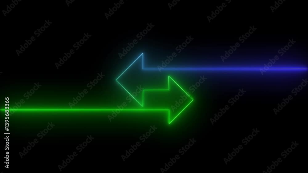 abstract neon double reverse arrow, replace icon on black background.abstract neon line glowing double arrow animation. 4k video.