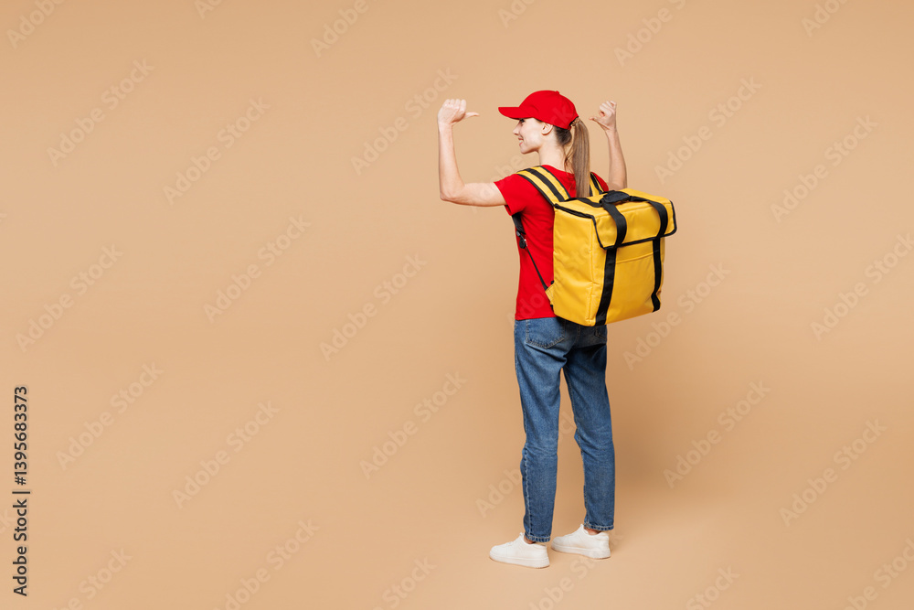 Full body strong delivery girl employee woman wear red cap t-shirt uniform workwear yellow thermal food bag backpack work as dealer courier isolated on plain pastel beige background. Service concept. Full body strong delivery girl employee woman wear red cap t-shirt uniform workwear yellow thermal food bag backpack work as dealer courier isolated on plain pastel beige background. Service concept.